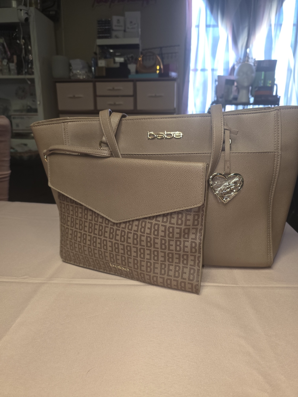 Stylish Bebe 2-in-1 Tote & Crossbody Set With Heart Charm & Mystery Gifts